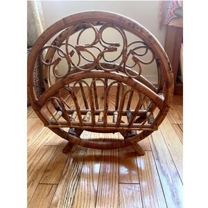 Vintage MCM Rattan Magazine Rack Burnt Bamboo Boho‎ Circle Record Holder 16.5in